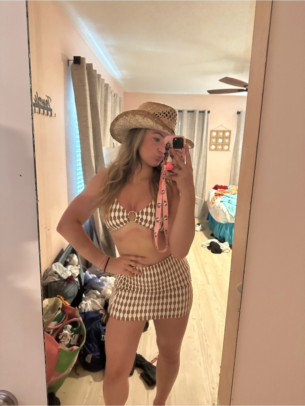 3-Piece Brown & Cream Houndstooth Bikini Set